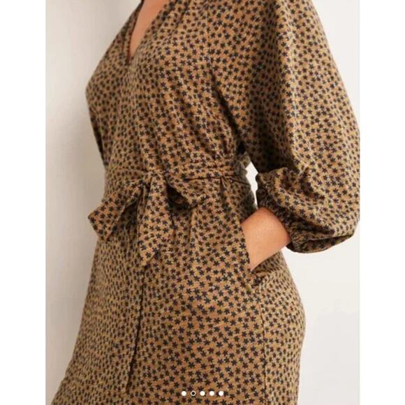 Boden Notch Neck Jersey Midi Dress Floral 3/4 Balloon Sleeve Belted, Brown - Picture 4 of 12